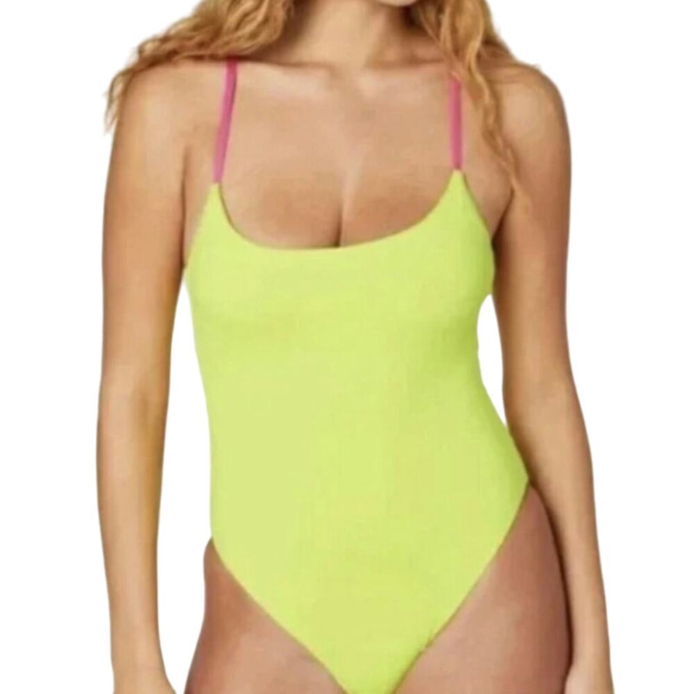 Andie Fiji One Piece Pink Neon Lime Green Strappy Swimwear Bathing Suit XL New